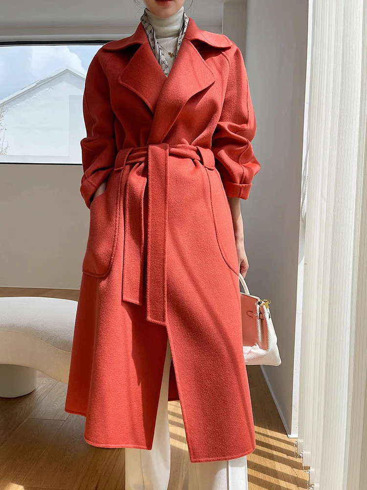 

Shzq двухстороннее кашемировое пальто, женское осенне-зимнее Свободное длинное шерстяное пальто с поясом до колена, новинка 2021