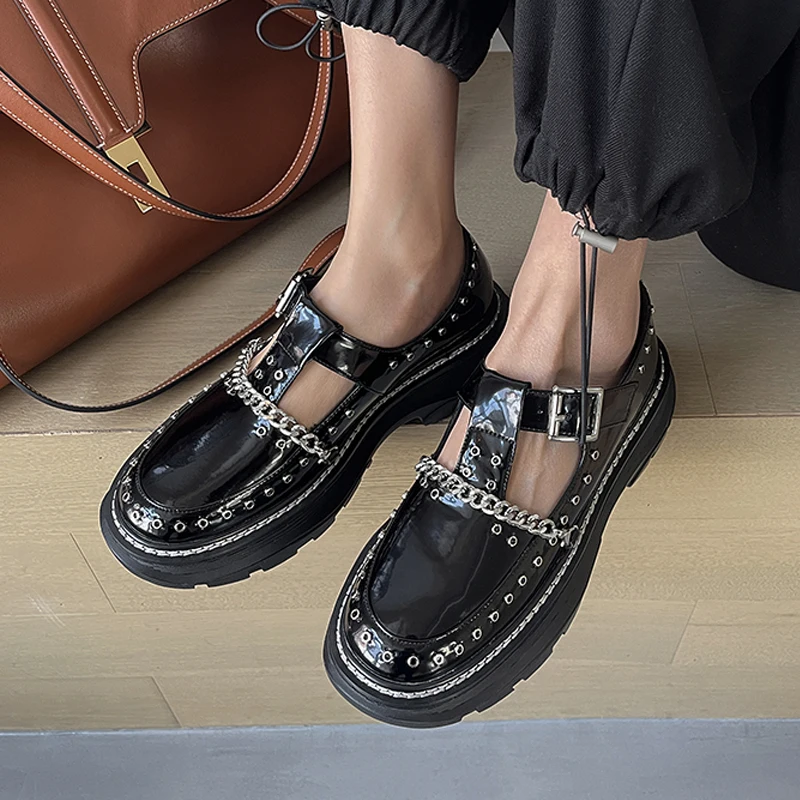 2021 Spring Platform Shoes Woman Metal Rivets Genuine Leather Chunky Heels Pumps for Women Working Women Shoes Platform Shoes