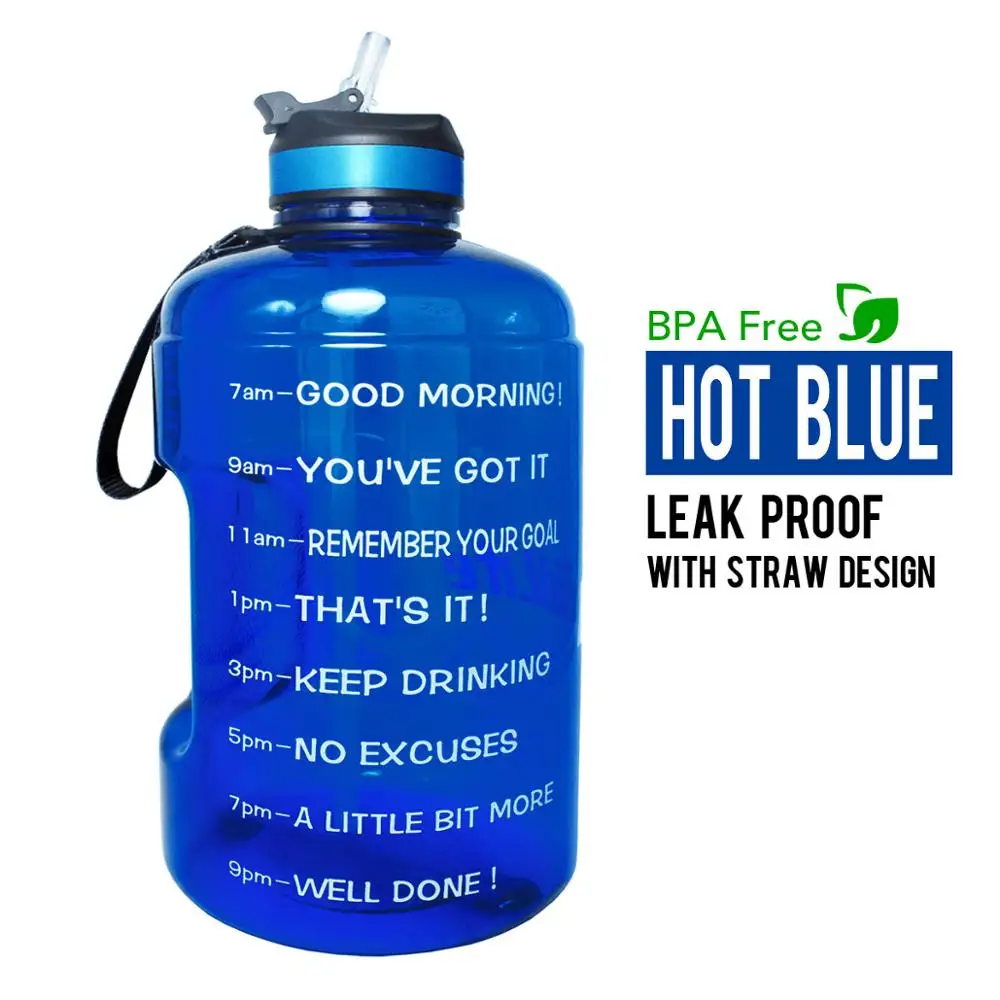Blue BuildLife 1 галлон бутылка для воды с соломенным маркером времени 3.78л 128 унций BPA бесплатно пластиковая большая емкость фитнес спорт воды кувшин - Цвет: Blue