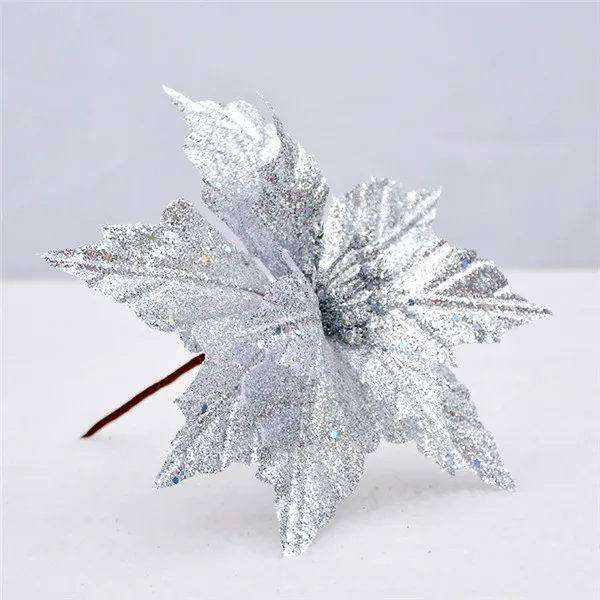 22CM silver 1 15 шт. 14 см/22 см Рождественский цветок со стеблем высокого качества рождественские цветы декоративный искусственный цветок золотые серебряные елки украшения - Цвет: 22CM silver 1