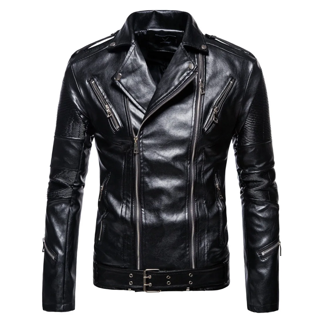 

Leather Jacket Spring Autumn High-quality Men's Patchwork Lapel Zipper Pocket Slim Motorcycle Ruched Men's Leather Jacket