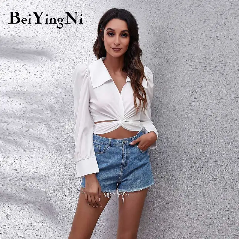

Beiyingni Women's Bandage Sexy Club Full Sleeve Blouses White Black Plain Crossed Crop Top V-neck Chiffon Blusas for Woman Shirt