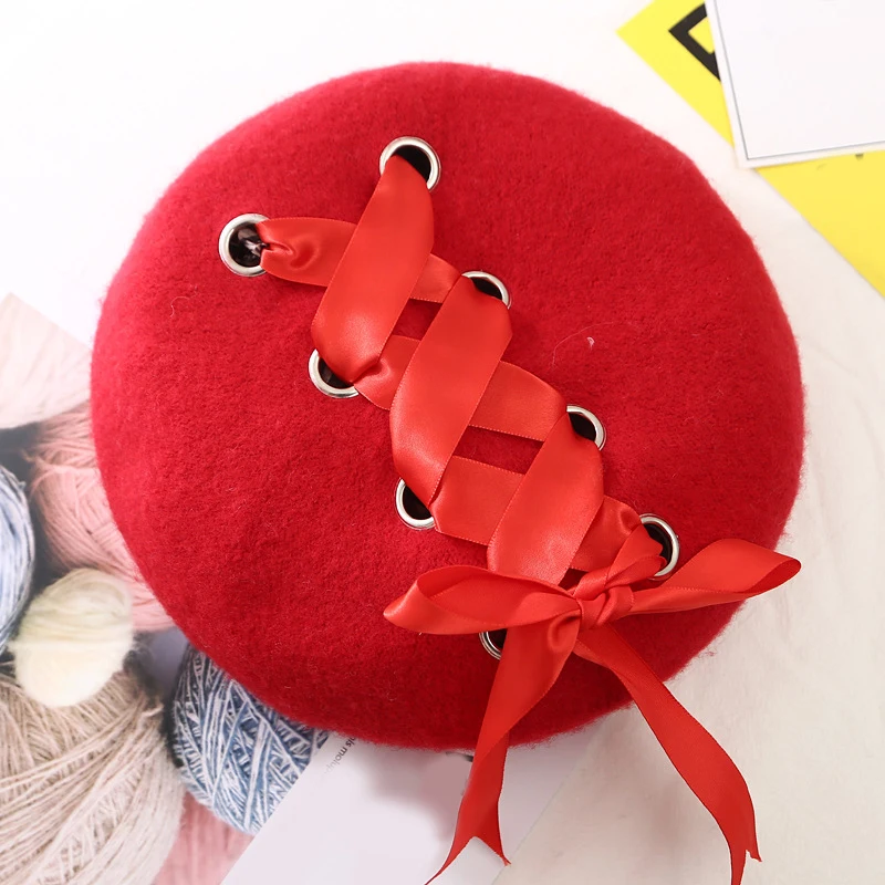 Женский зимний шерстяной берет со шнуровкой и бантиками винтажная теплая