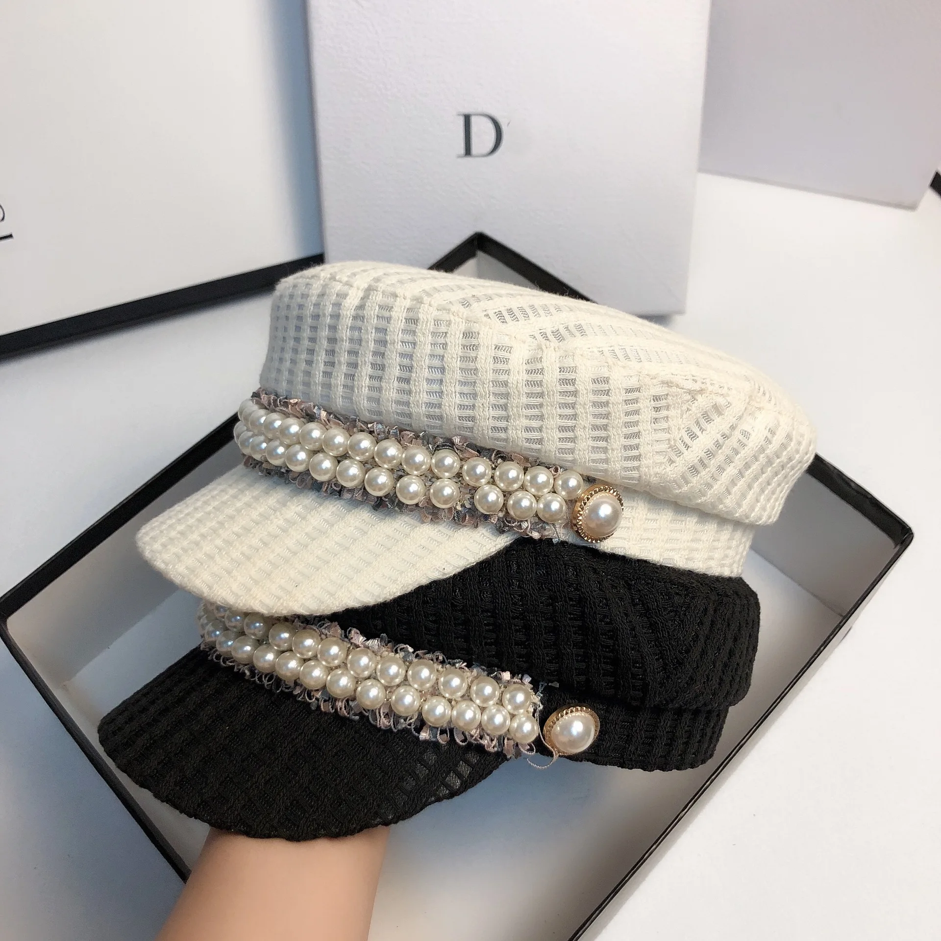 

202106-fy-pearl autumn pearl lace ribbon leisure lady Octagonal hat women visors cap