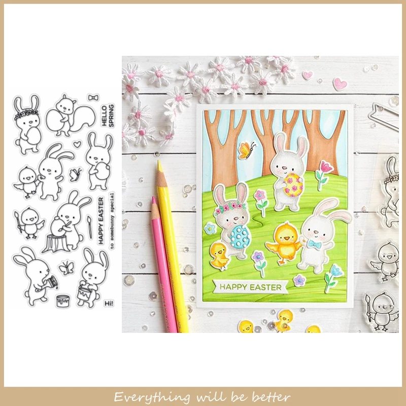 

Rabbit Butterfly Squirrel Chick Easter Eggs Wood Words Clear Silicone Stamps For Scrapbook Craft Make Cards DIY Handmade New Hot
