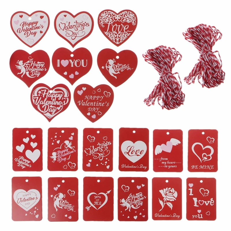 

200Pcs 20 Styles Red Valentines Tags Paper Gift Tags Hang Labels with Twines Lovers Jewelry Wedding Greetings Hang Tags