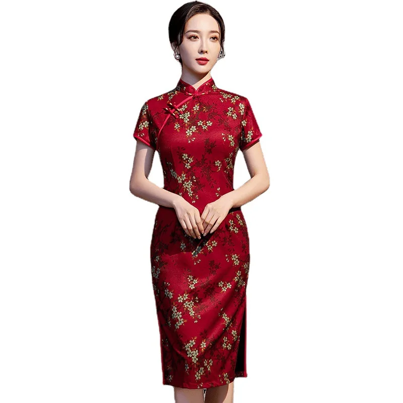 

Women Sexy Slim Red Qipao Sweet Flower Print Classic Chinese Wedding Party Dress Elegant Mandarin Collar Short Sleeve Cheongsam