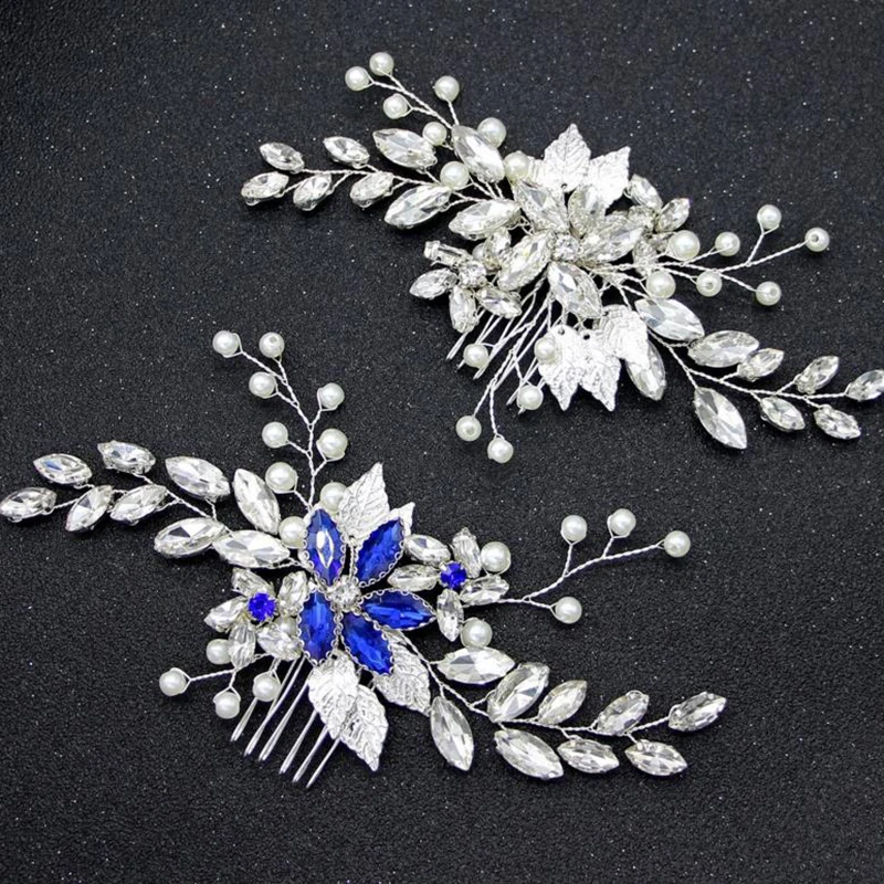 Расчески для волос в виде листьев серебро/синий кристалл свадебные аксессуары