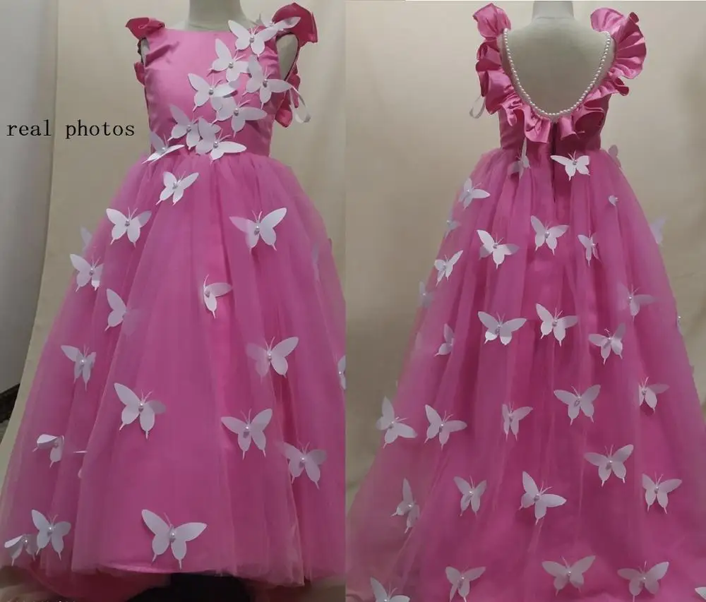 2019 New High Quality Girls Birthday Party Dress with Pearls Rose Red Puffy Tulle Flower Girl 3D Butterflies Vestidos | Мать и ребенок