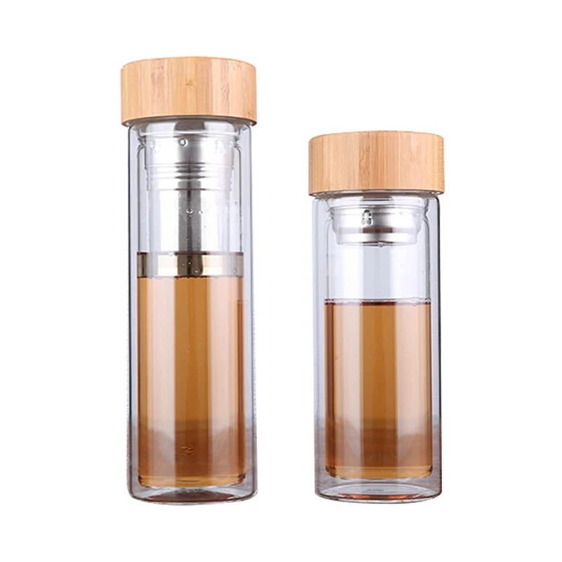 

350ml 450ml Dink Tea with Infuser Bamboo Lid Double Wall Bottle for Glass Water Bottles for Water Brief Portable Outdoor Cup