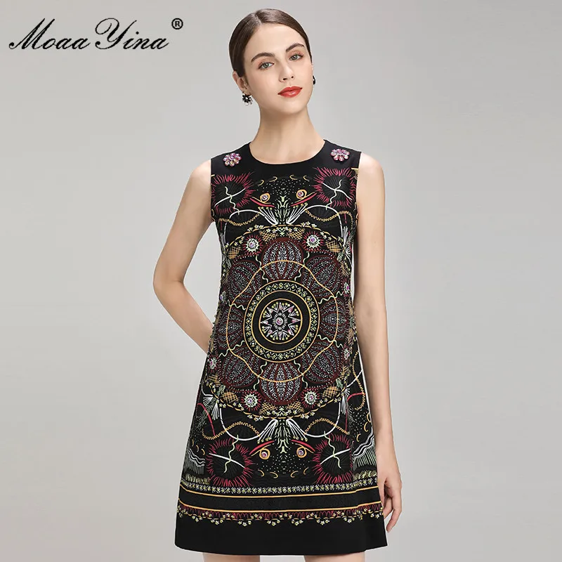 

MoaaYina Fashion Runway Designer Summer Short Dresses Women's Sleeveless Beading Printed Black Vintage Mini Party Dress Vestidos