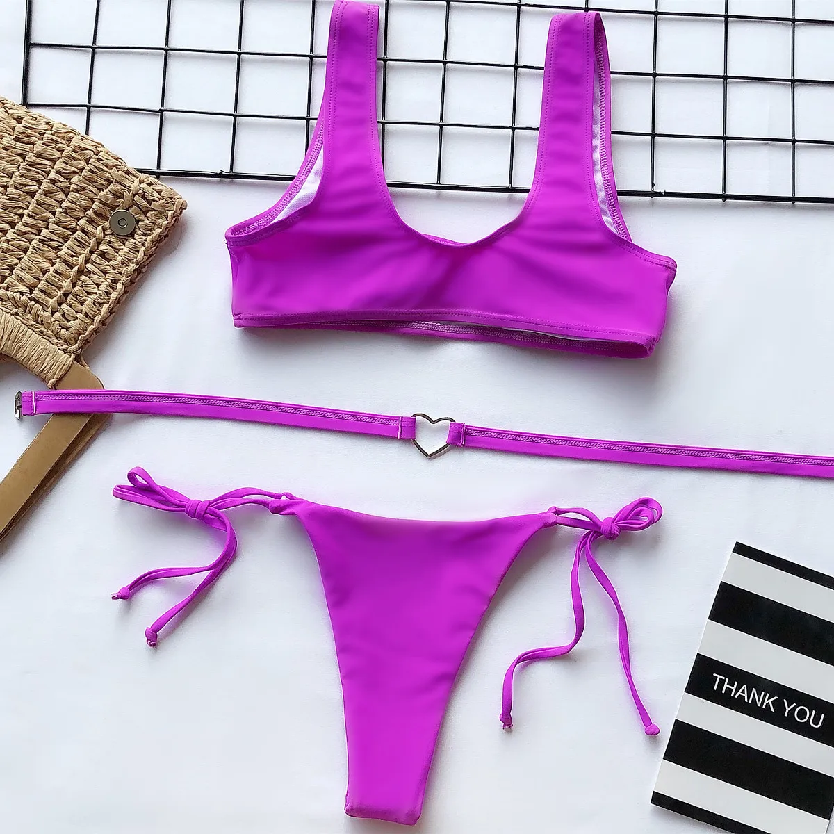 Love ring belt women sexy thong bikini bandage purple solid swimwear low waist female swimsuit lovely ties swimmingsuit