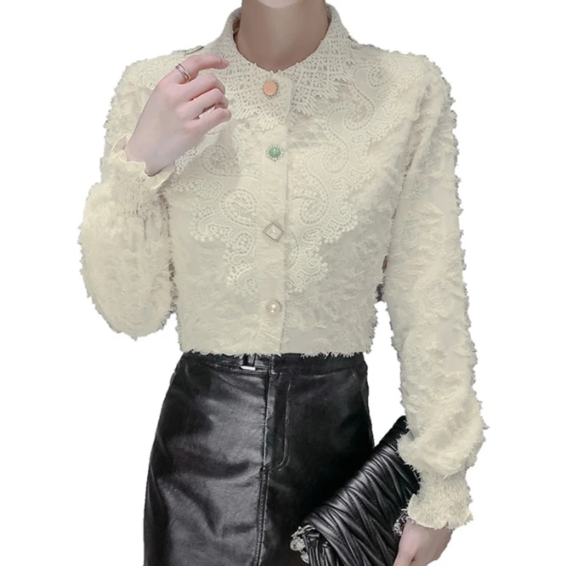 

Fashion Design Lace Women Shirts Button Solid Winter Thicken Fleece Long-Sleeved Slim Office Lady Elegant Outwear Tops