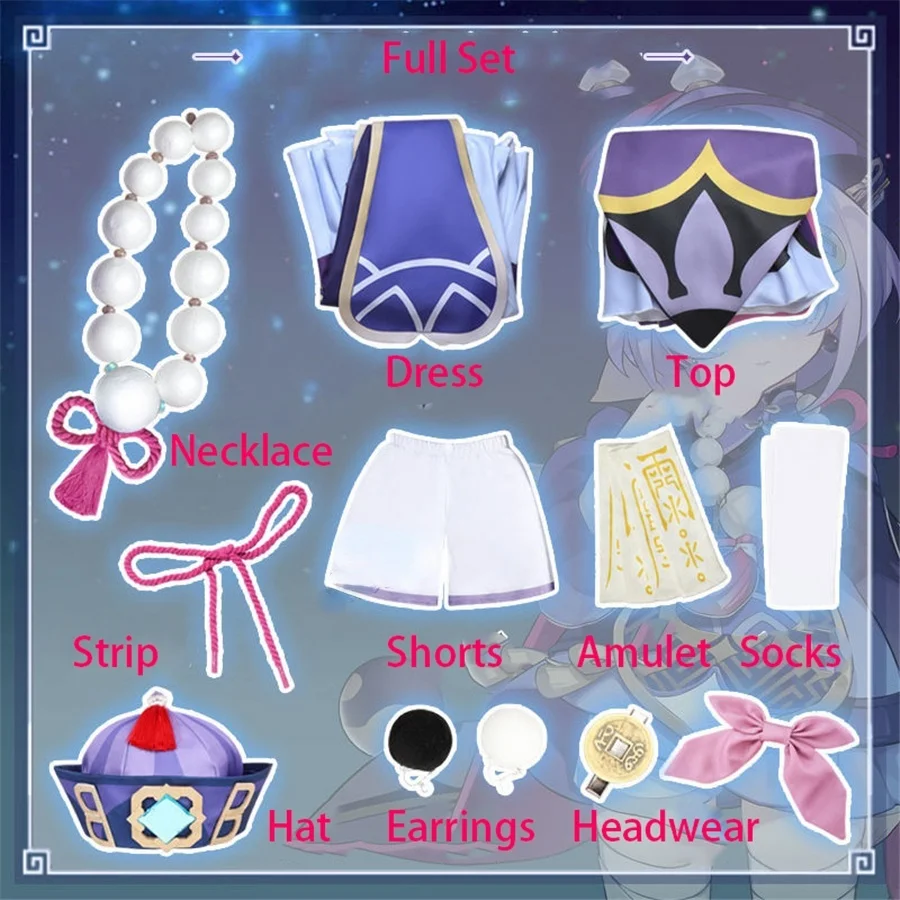 Project Qiqi Cosplay Costume Genshin Impact Zombie Girl Dress Hat Shoes Anime Wig Halloween Clothes Christmas Women Gilr | Тематическая