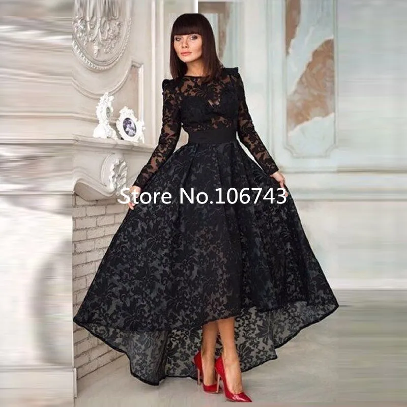 

2018 Evening gown Black Long Sleeves High Low Lace Formal Gown Vestido De Festa Robe De Soiree Women