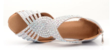 heel 10cm WUXIJIAO/Серебристые атласные туфли для латинских танцев со стразами; женские туфли для сальсы; вечерние стразы; Обувь для бальных танцев; обувь на среднем каблуке 7 см на молнии - Цвет: heel 10cm