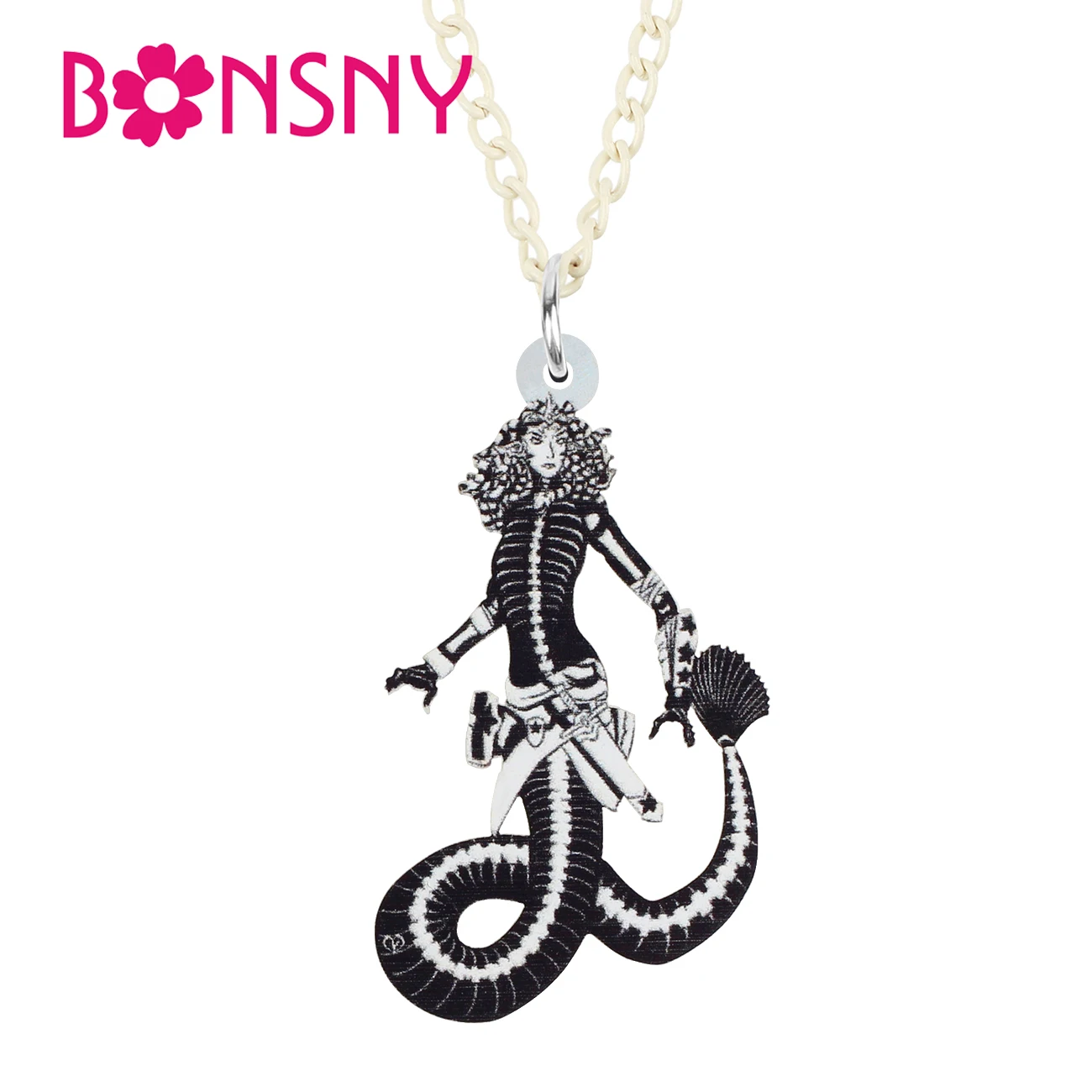 

BONSNY Hallween Acrylic Black Snake Siren Necklace Pendant Fashion Long Chain Novelty Jewelry For Women Girls Teens Gifts