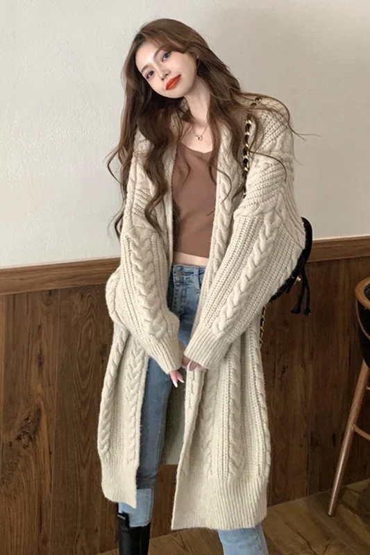 Twist Sweater Coat Women's Spring and Autumn 2021 New Loose Outer Wear Design Sense of Medium Long Knitted Cardigan | Женская одежда