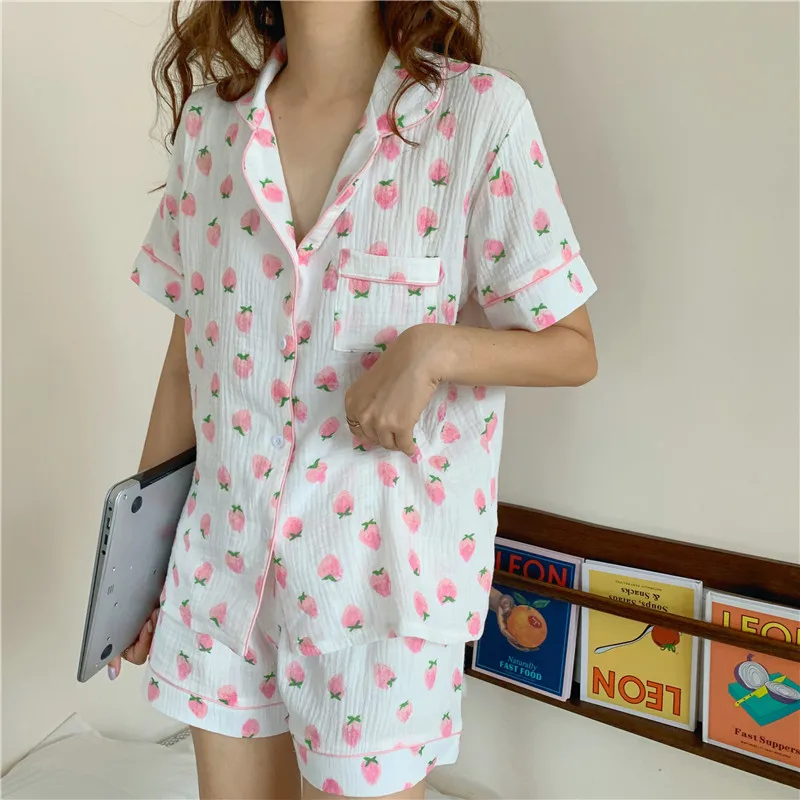 

4 color sweet strawberry shorts pijamas set women summer home suit sleepwear short sleeve blouse pyjamas cotton homewear Y324
