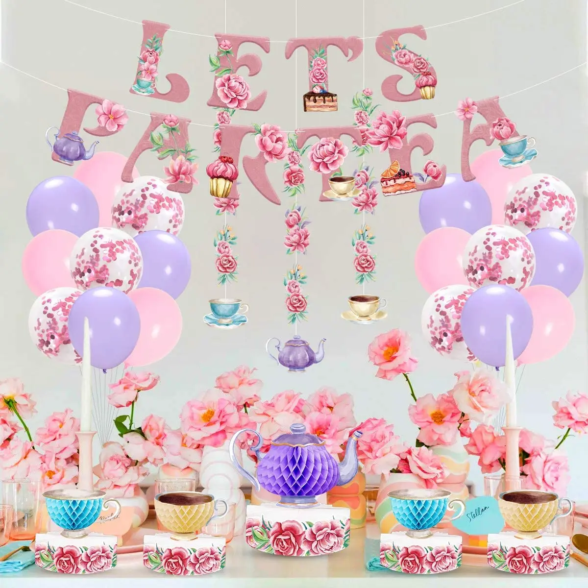 

Floral Tea Party Decorations Pink Purple Confetti Ballons Teapot Teacup Garlands 3D Table Centerpieces Let's Party Banner