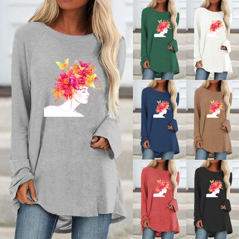 

Spring and Autumn Fashion Women Clothing Cartoon Printed Casual Ladies Round Neck Sweatshirt Long Sleeve Tops T-shirt