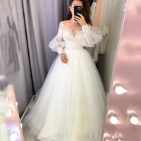 boho luxury wedding dresses 2021 lace alliques ball gown v neck lantern sleeve button floor length tulle bride vestidos de noiva