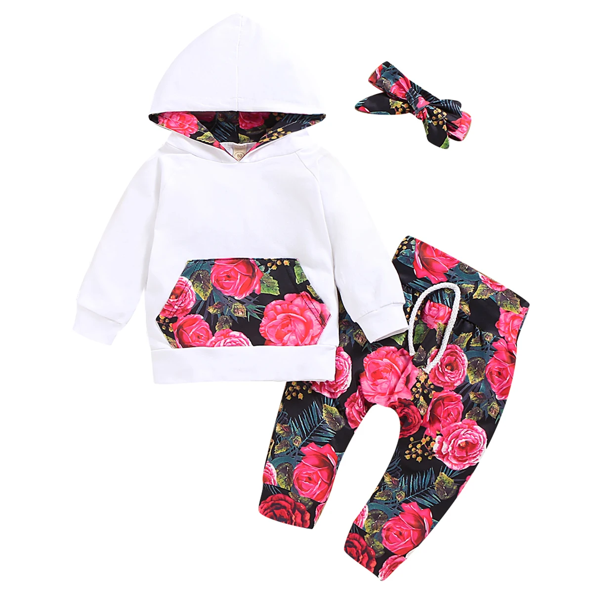 

Newborn Toddler Baby Girls Floral Hooded Tops Shirt+Long Pants +headband Outfits Set Tracksuit