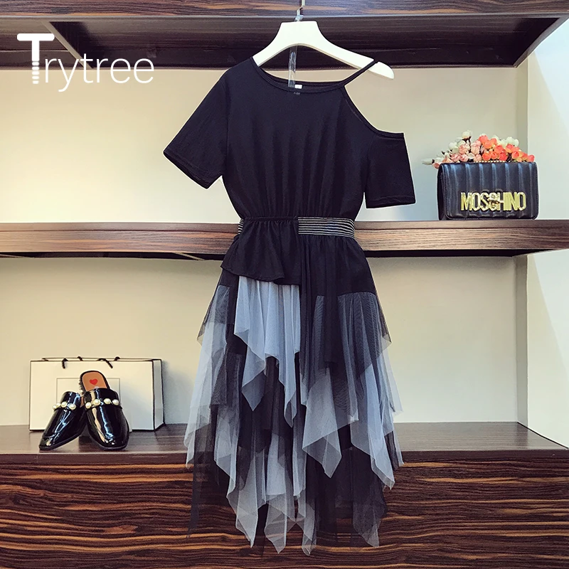 Летнее повседневное женское платье Trytree 2020 Сетчатое лоскутное с круглым вырезом