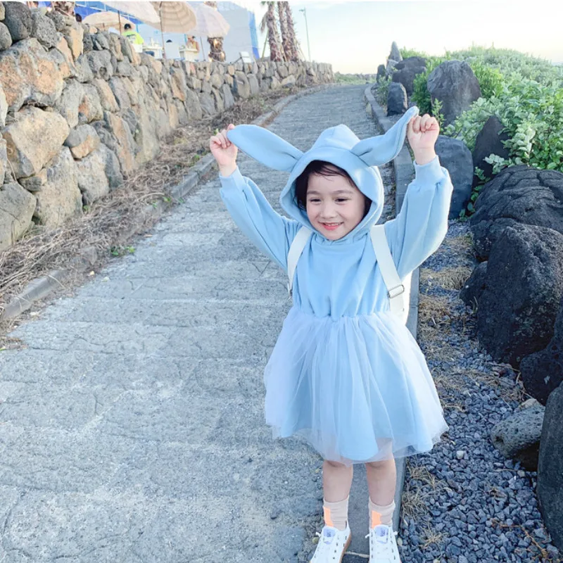 Милое Сетчатое платье принцессы с капюшоном и заячьими ушками в Корейском стиле