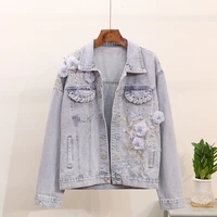 2020 autumn jacket turn down collar 3d flower decorated denim coat tops for women chaqueta mujer outwear casaco