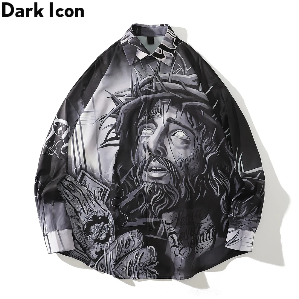 

Dark Icon Printed Loose Men's Shirts Long Sleeve Autumn Turn-down Collar Shirts for Man