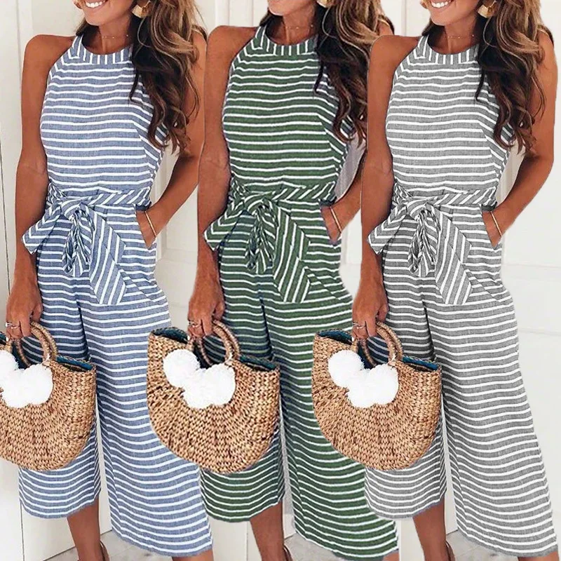 

New Women Summer Rompers Fashion Striped O Neck Sleeveless Long Jumpsuit Elegant Belt Bow Loose Party Jumpsuits