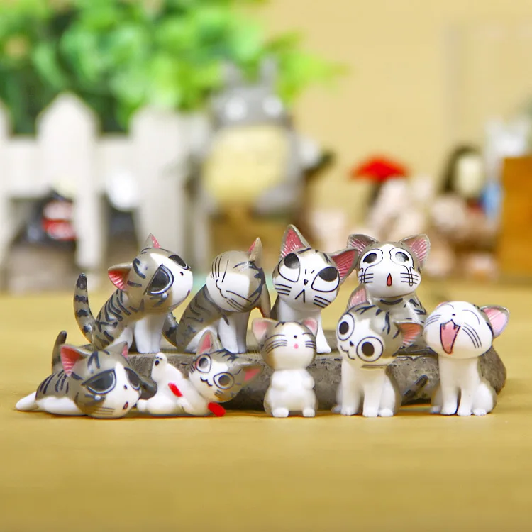9 шт. каваи мини сырные кошки Kitty статуя кота смолы фигурки кошки садовый горшок фигурки украшения для дома детские игрушки подарок - Цвет: Серый