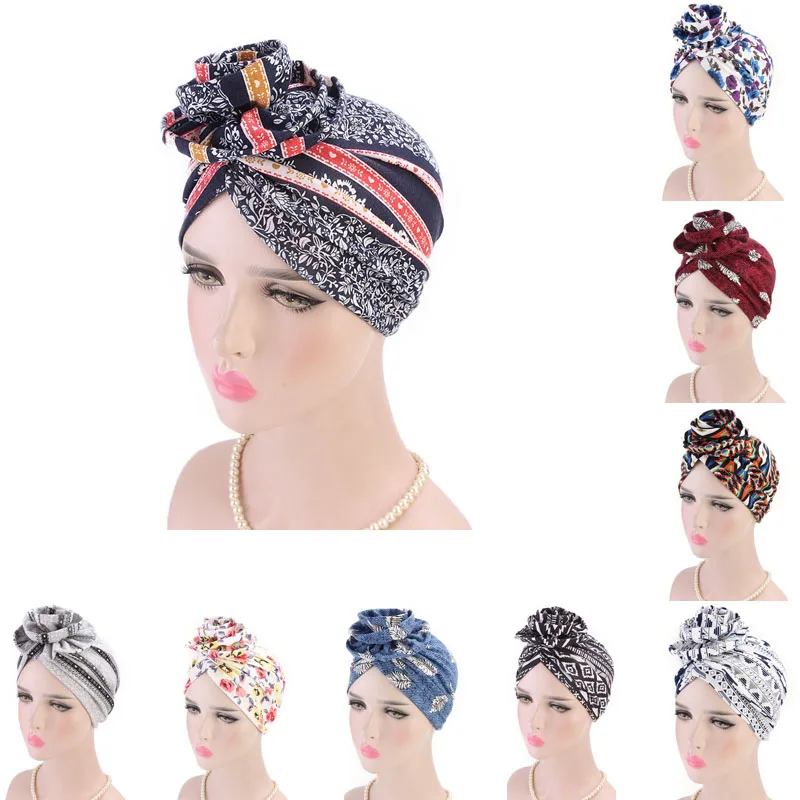 

Helisopus New 3D Flower Turban Women Beanie Chemo Cancer Cap Turbantes Elegant Printing Bandanas Wedding Party Hair Accessories