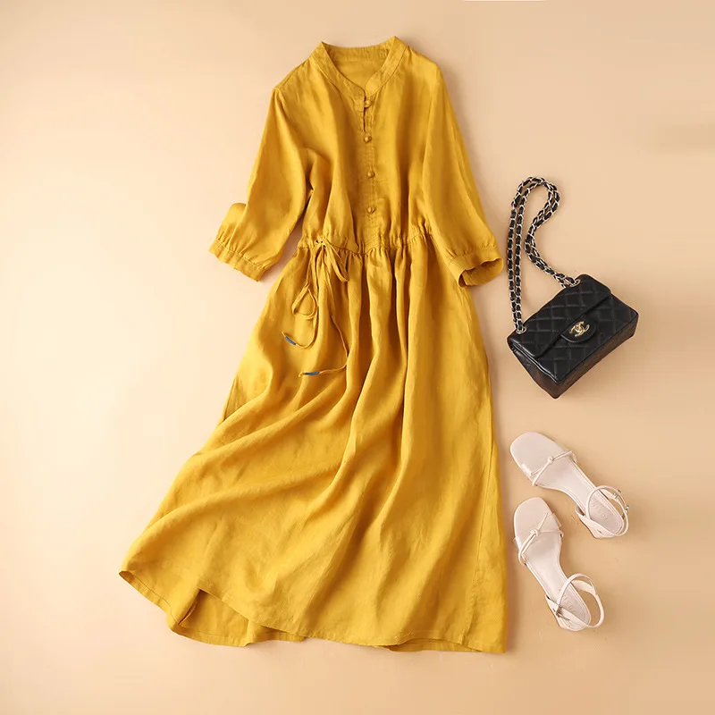 

Spring new q1113 linen V-neck art dress swing skirt medium length cotton hemp skirt