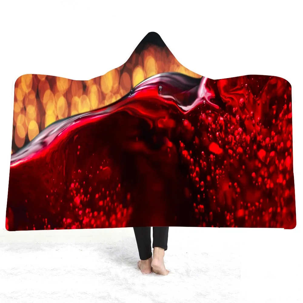 Плюшевое одеяло с капюшоном красное вино рисунок 3D принт теплое шерпа Флисовое
