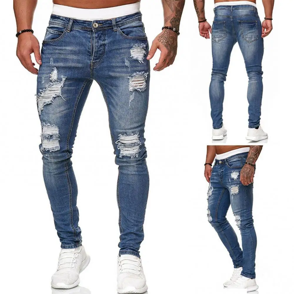 

2021 New Men Ripped Hole Jeans Denim Pants Pockets Button Skinny Long Trousers Mid Waist Hip Hop Punk Slim-Fit Casual Streetwear
