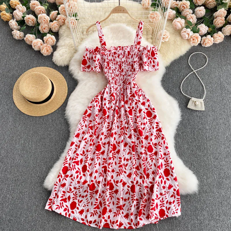 

Летнее женское платье во французском курортном стиле с одним вырезом и принтом, платье на бретелях с пышными рукавами, Новые Женские притал...