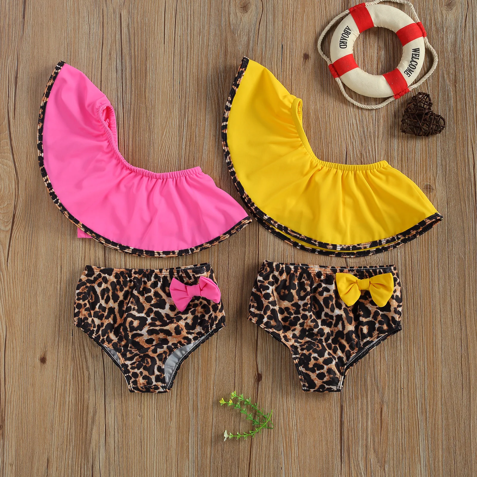 

2021 Newest Arrival Baby Swimsuit Suit Ruffled One ShoulderTube+Leopard Print Bow Decoration Brief Suit Summer Beach Clothing