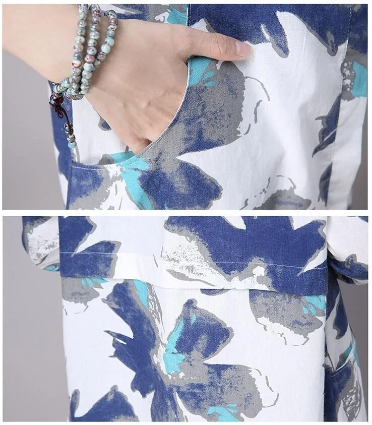 3009 Chinese Linen Shirt Women White Long Sleeve Retro Floral Print Shirt Women Cotton Long Linen Blouse Female Vintage Tunics