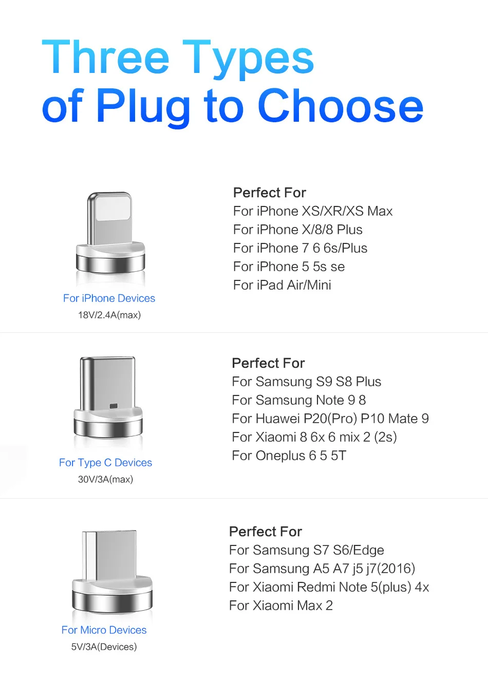 3-в-1 3A Магнитный Зарядное устройство высококачественный ТПЭ Кабель Micro-USB C-type