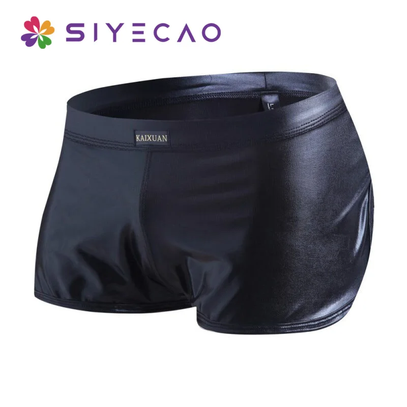 

Трусы-боксеры мужские из искусственной кожи, однотонные, с U-образным выпуклым мешочком, гей-трусы, сексуальные боксеры для мужчин