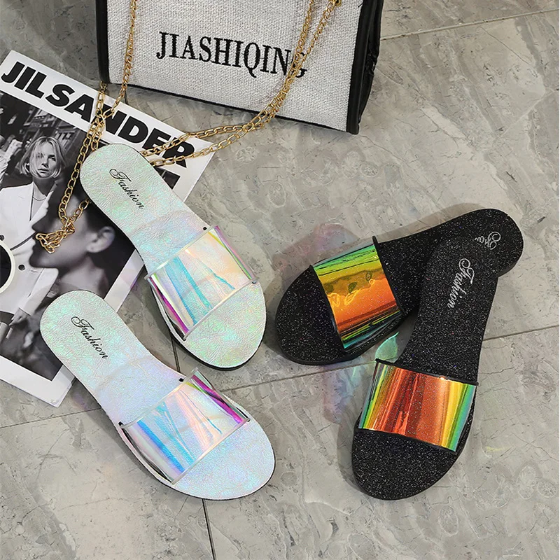 

2021Summer New Women's Shoes Fashion External Wear Sandals Flat Beach Shoes Sequins Non-Slip Wear-Resistant Indoor Female Shoes