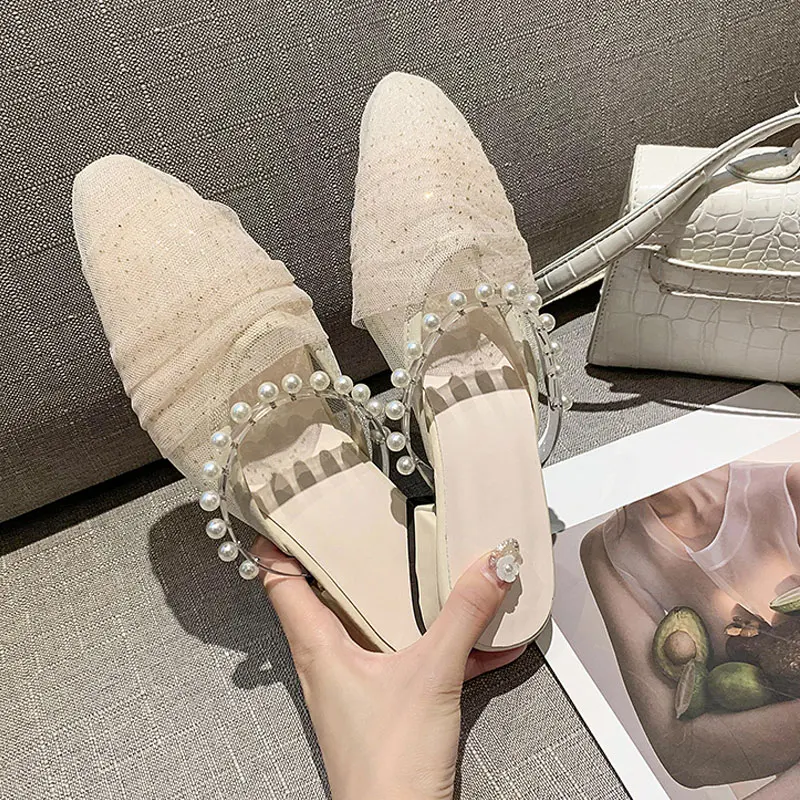 

Modern Slippers Mesh String Bead Pearl Muller Shoes Flats Sandals Middle Heel Half Slippers Summer Women's Shoes Flip Flops Slid