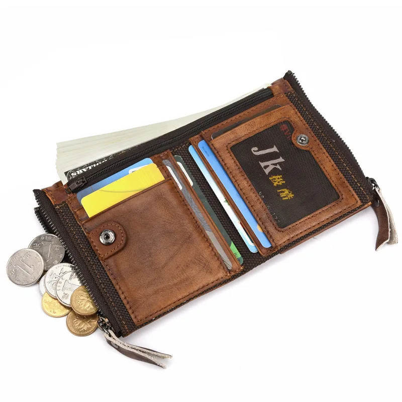 

YourSeason 2021 Vintage Short Men Genuine Leather Wallets Large Capacity Handmade Double Zipper Purse Wallet Card Holder Unisex