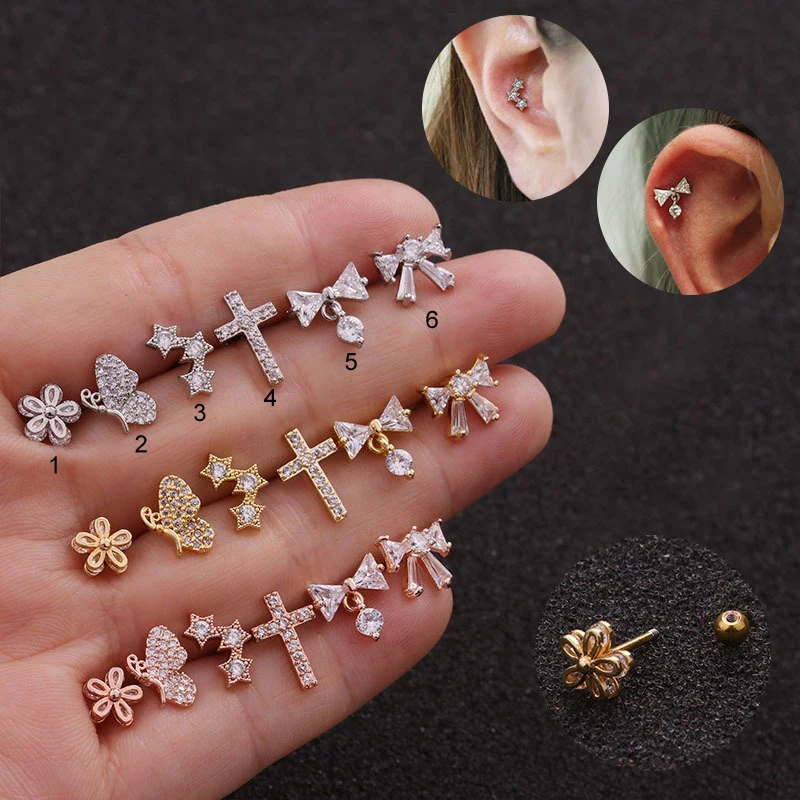 

New 1Pc Crystal Cross Bowknot Star Flower Ear Piercing Tragus Cartilage Earring Helix Conch Rook Lobe Stud Body Jewelry