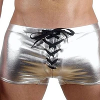 men shiny leather bulge drawstring elastic trunks boxer shorts underwear bronzing patent nightclub pole dance bodycon pants