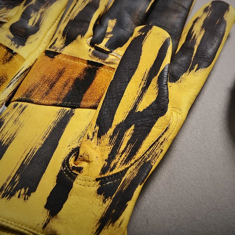 Motorcycle Biker Men Winter Sheepskin Genuine Leather Gloves Warm Full Driving Guantes Mujer Retro Yellow Riding Mittens | Аксессуары