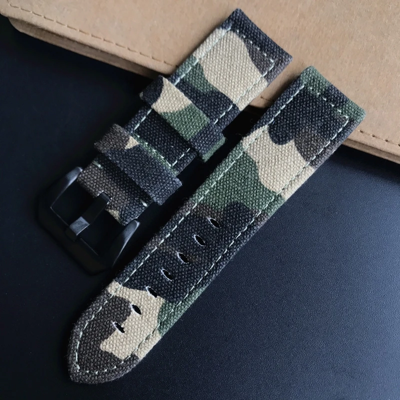 24mm Black Brown Army Green Camo Canvas Nylon Bottom Leather Watch Strap Replacement For Panerai Breitling Pilot Watchband Belt