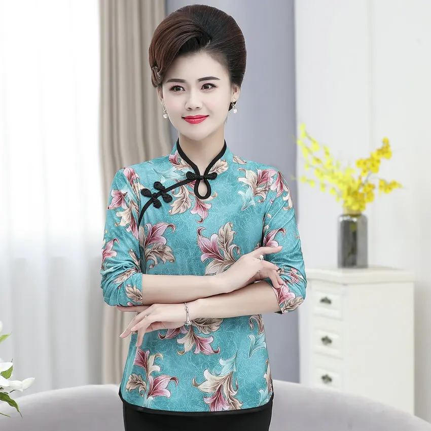

Chinese Style Red Green Blue Floral Tunic Blouses Mature Women Vintage Ethnic Button Mandarin Collar Design Long Sleeve Top Lady
